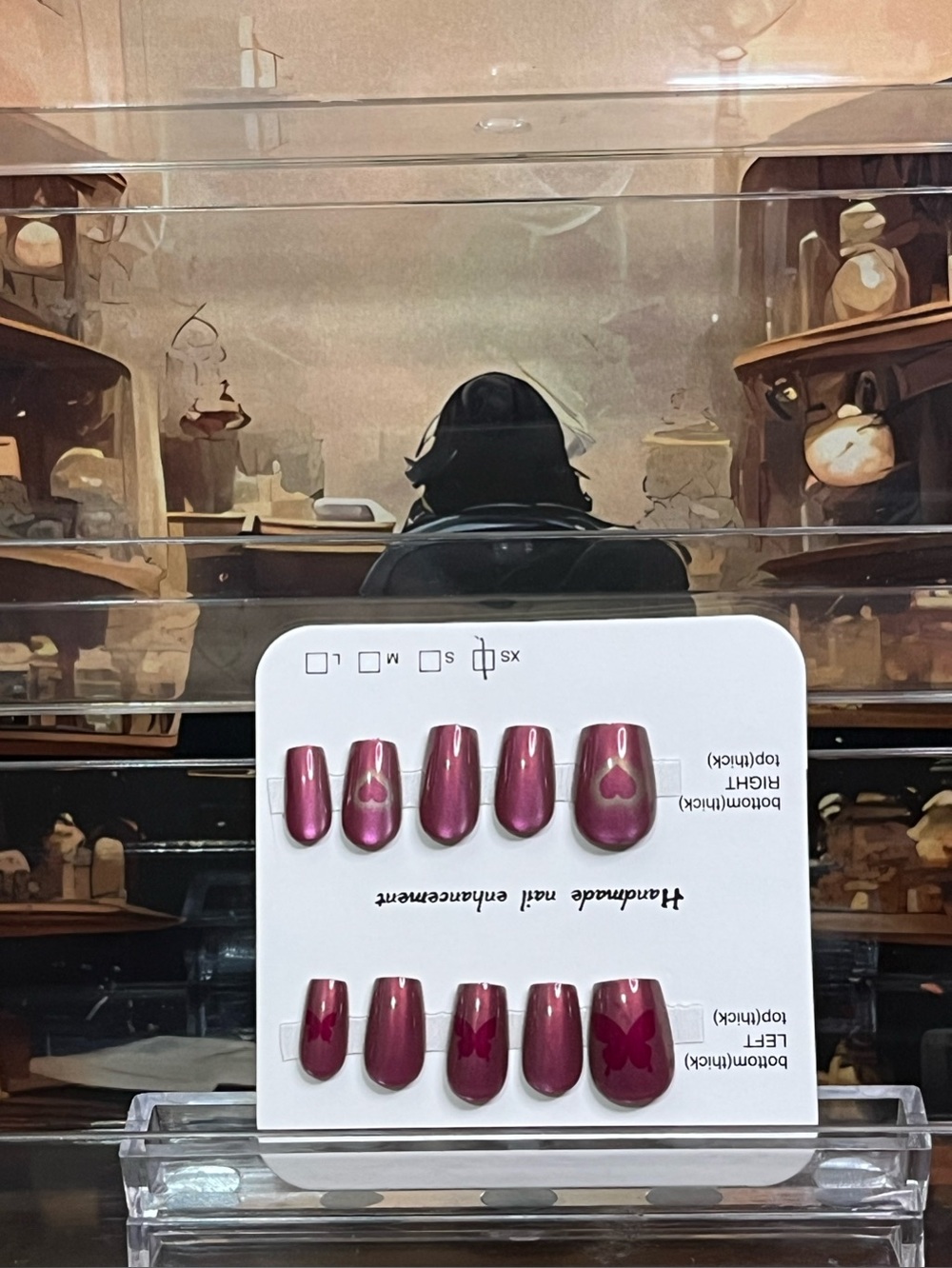 Metallic Deep Mauve Press-On Nails with Heart & Butterfly Accents